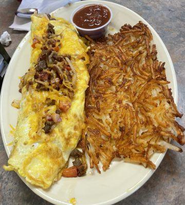 My friends breakfast omelet and hashbrowns