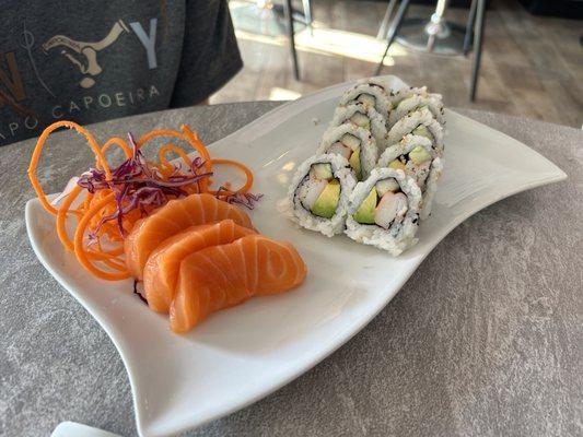 California roll and 3 prices of salmon sashimi