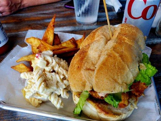 Shrimp Po' Boy with Macaroni Salad and Fried Tortilla Chips