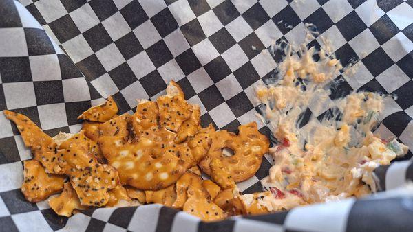 Flat pretzels with pimento cheese dip