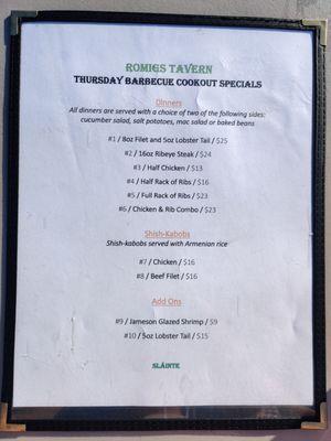 Thursday cookout menu