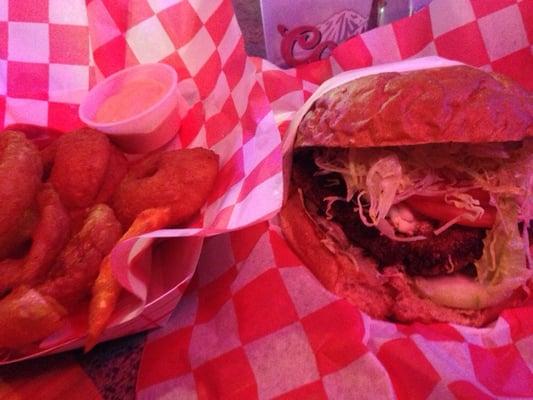 Athens burger - Feta cheese, cucumber, lettuce. tomato, red onion & tzatziki sauce (only $6.50!) & onion rings with chipotle