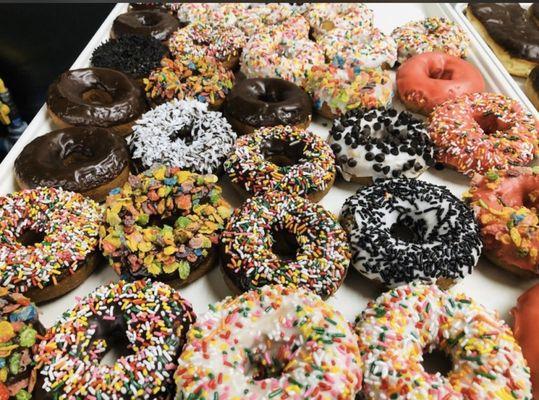 Tray of sprinkle donuts