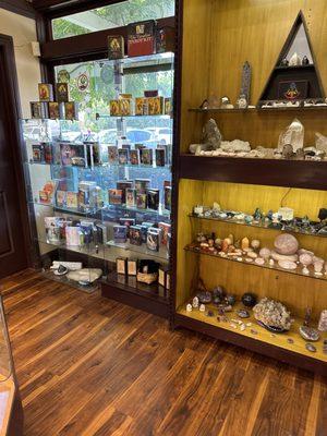 One of the many shelves containing crystals and other metaphysics tools