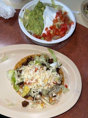 Steak Tostada and a burrito bowl