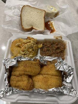 Fried Flounder, Mac & Cheese, and Baked Beans