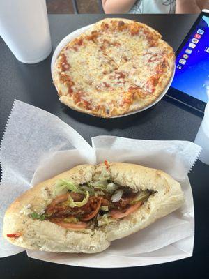 Small cheese pizza and a Philly hoagie