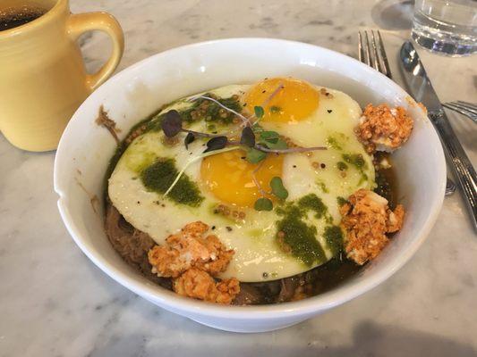 Brunch! Grits. Had pickled mustard seeds which added a really nice tang/sweetness.