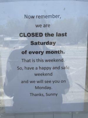 be aware, CLOSED last Saturday of every month (and apparently Sundays? when we arrived). Hours are unclear