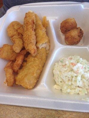 Seafood sampler with Hushpuppies and coleslaw