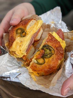 Taylor ham, egg, and cheese on a cheesy jalapeno bagel