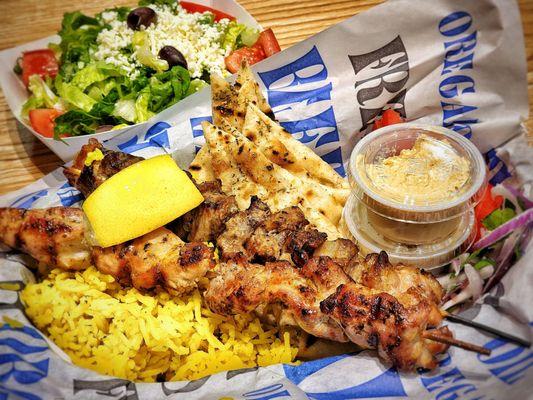 Souvlaki plate with chicken and pork. Everything was delicious, fresh, and satisfying!