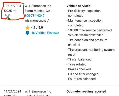 The Carfax report shows 5,025 miles!