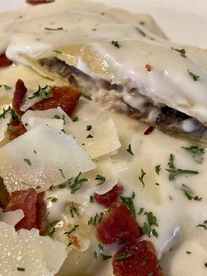 The Portobello Stuffed Ravioli and the Alfredo Sauce is surprisingly light for a cream sauce!