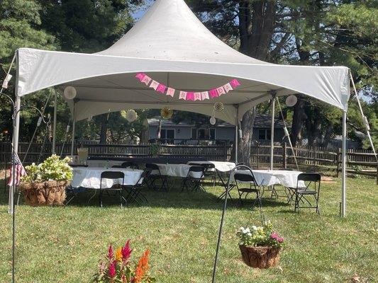 MmBeefalo Bobs tent setup in my backyard with decorations.