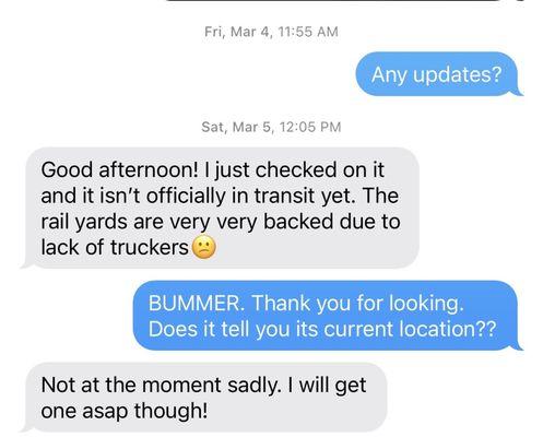 Text messages received from The salesman weeks after they sold my custom order.