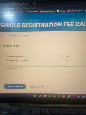 Estimate of registration fee with license plate number