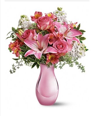 The picture of what was ordered online, "Teleflora's Pink Reflections Bouquet with Roses - Standard"