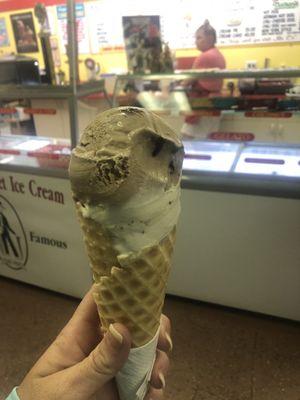 Chocolate brownie and Reese's ice cream on a fresh cone!