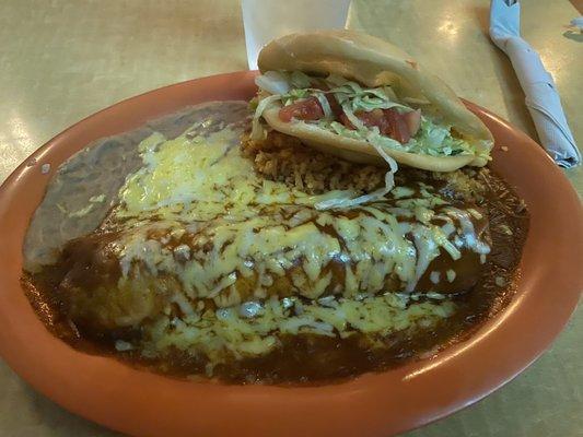 Taco, enchilada, rice, and beans.