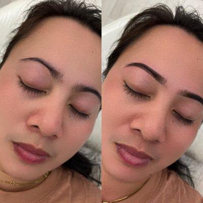 Before and after brow tattoo. Shape is approved by client before tattooing