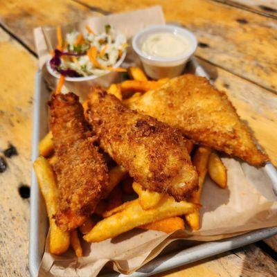 Fish and chips sampler: salmon, halibut, cod