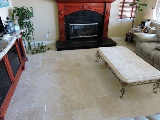 The 20+ year old Travertine in the Family Room looks like new!