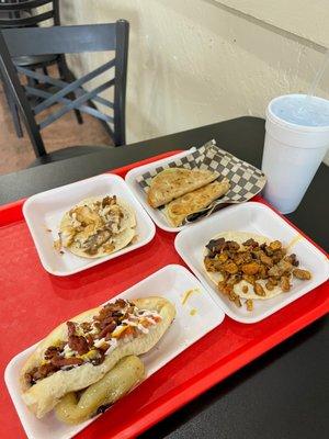 Sonoran dog, fish taco, al pastor taco, taco chino (fried shell, bean filling)