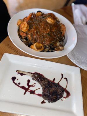 Linguine al nerro di seppia alla pescatora & a side of lamb chop