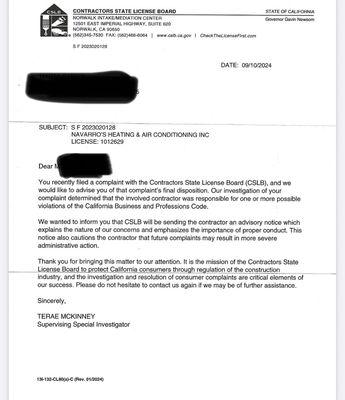 Filed a complaint for faulty/negligent work. Navarro's Heating & Air Conditioning in violation of codes.