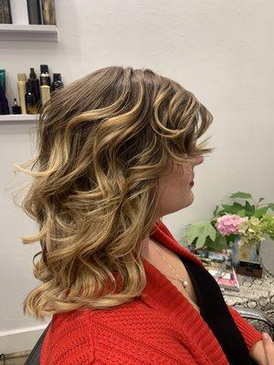 Grown out Balayage and month old cut. Special occasion curls! 2nd anniversary. :)))