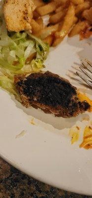 Burnt hamburger, overcooked & dry