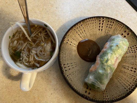 Chicken pho and pork/shrimp spring rolls to go. Yum