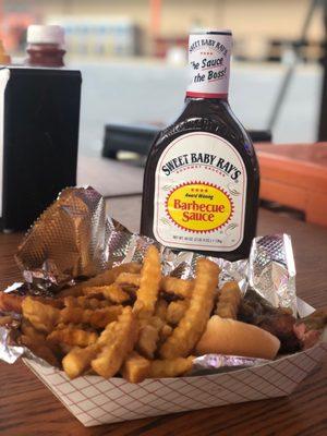 Hot fries and bacon wrapped hotdogs on a cold day!