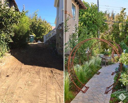 Before and after of a side yard makeover featuring paver walkway and luscious landscape design.