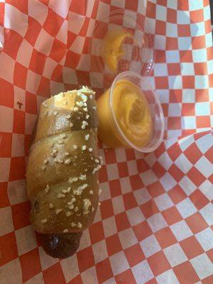 Pretzel dog - small and dough raw underneath