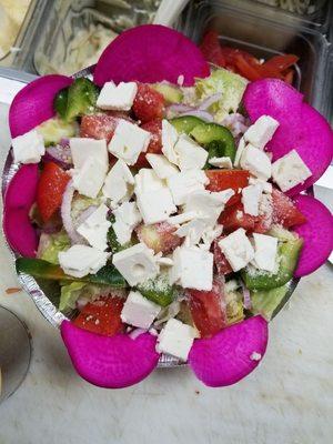 We make any salad the way you like, here is a Greek salad with our special homemade pickled turnips