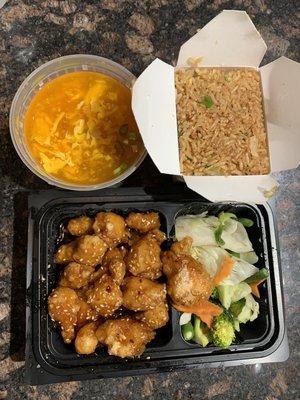 Egg Drop Soup, Sesame Chicken Dinner, and Fried Rice