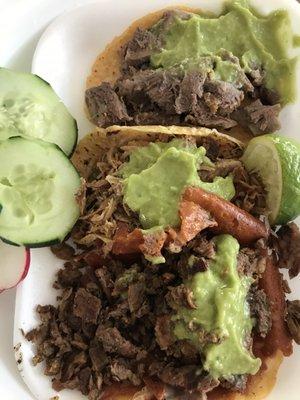 Tacos with carnitas, asado, and lengua.