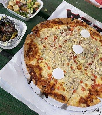 Garlic Chicken Pizza, Brussels Sprouts, Side Salad