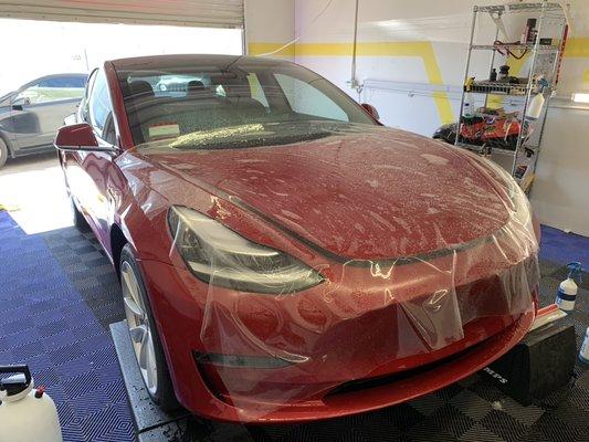 2020 Tesla model 3 in for full front xpel clear bra