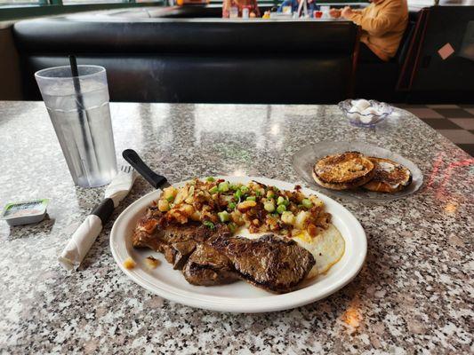 Delicious New York steak & eggs weekday special $10.99 (7:00-11:00) comes with house potatoes (get em) or hashed browns and toast. 11-26-24