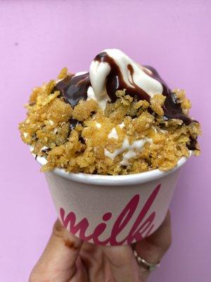 Cereal Milk Soft Serve with Crunch and Fudge