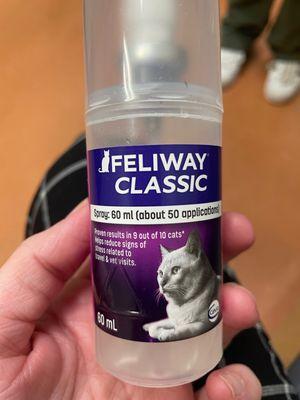 Feliway spray - cat pheromones to help them calm down. I think the wall outlet plugins works best