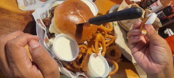 Bacon Mac and Cheese Burger with Onion Rings!