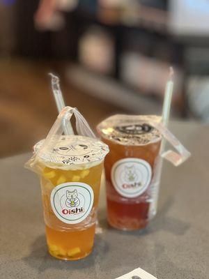 Cold brew peach green tea w/ mango jelly Cold Brew Strawberry Mango green tea w/ lychee jelly