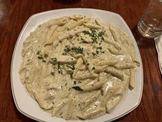 Chicken Alfredo with 'rigatoni' (penne)  WAS DELICIOUS!!! Great sauce, chicken, and the basil was the right touch. I was so happy!