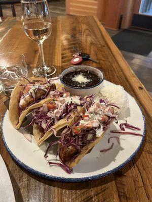 Ono tacos. Three huge tacos with a side of rice and beans.