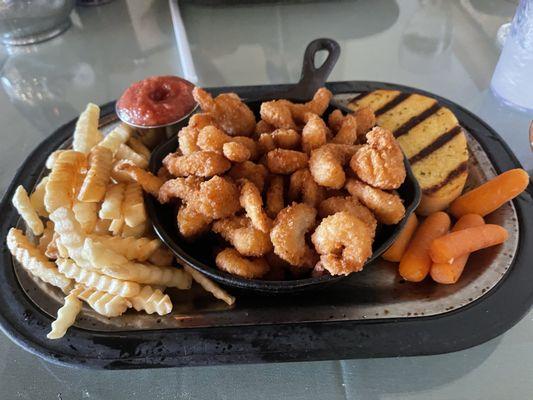 Popcorn Shrimp Dinner - comes with one side and either the salad bar or soup. Huge portion of shrimp for $26!