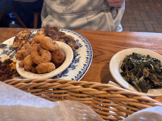 Grilled Chicken Tenderloins, Steak bites, fried shrimp, and Turnip Greens